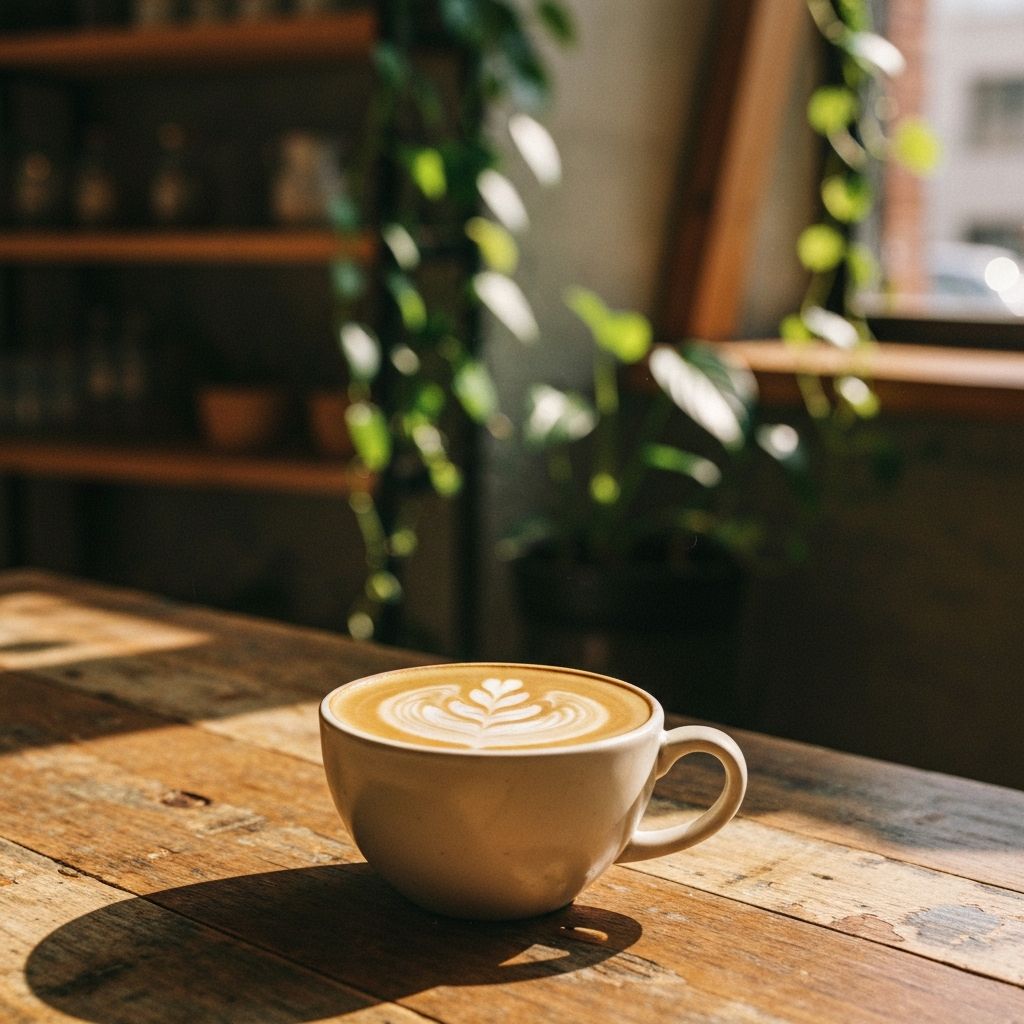 A latte in a ceramic cup on a reclaimed wood table at Driftwood Coffee